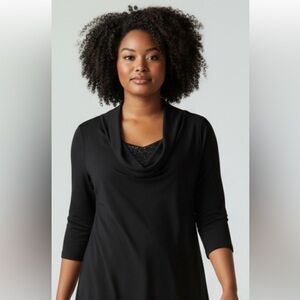 Laura Black Cowl Neck 3/4 Sleeve Relaxed Blouse w Sparkle Insert, Lightweight